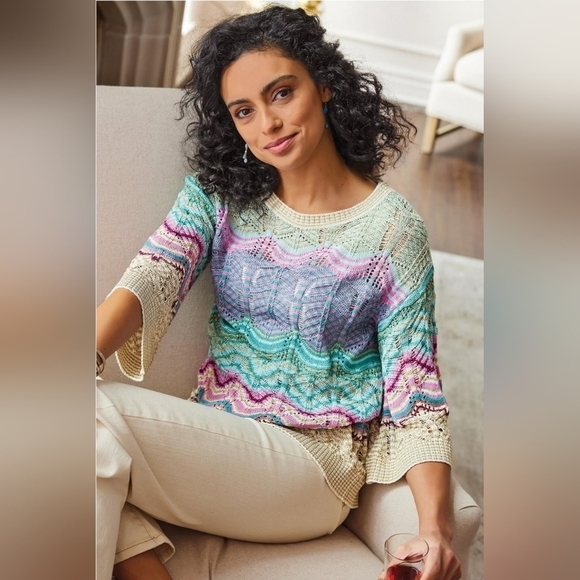 SOFT SURROUNDINGS Thereze Stripe Open Knit Pointelle Sweater Size XS - Picture 2 of 11